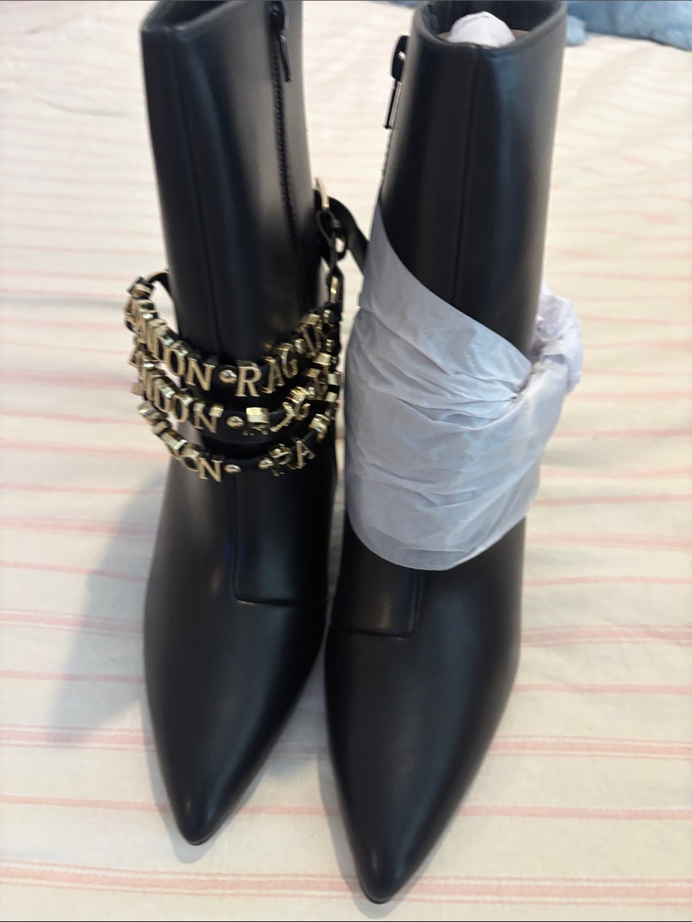 Black Pointed Toe Heeled Ankle Boots with Gold Chain Detail